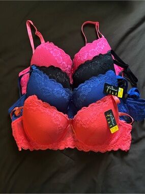 Lace Push-Up Bras- Lot of black, royal blue, hot pink, and coral